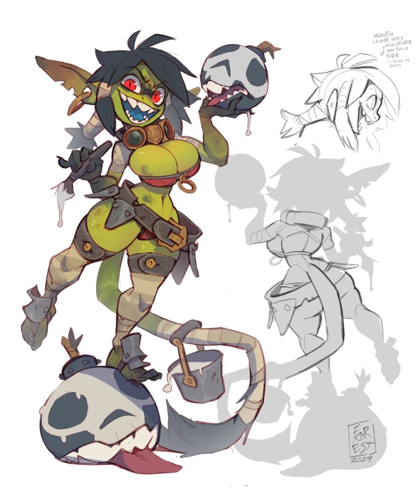 1girl 2024 artist_logo ass balancing bandaged_arm bandages belt belt_buckle black_hair blue_shirt blue_tongue bomb breasts bucket buckle cleavage colored_tongue commentary dirty earrings english_commentary english_text evil_smile explosive female_goblin forest_box from_behind fur-tipped_tail fuse goblin goggles goggles_around_neck highres holding holding_bomb holding_bucket holding_paintbrush jewelry large_breasts logo long_hair looking_at_viewer looking_to_the_side navel no_pants open_mouth original paintbrush panties red_eyes red_panties shirt shortstack sidelocks single_earring sketch slit_pupils smile solo stomach tail teeth thick_thighs thighhighs thighs tongue tongue_out underwear very_long_ears white_paint wide_hips