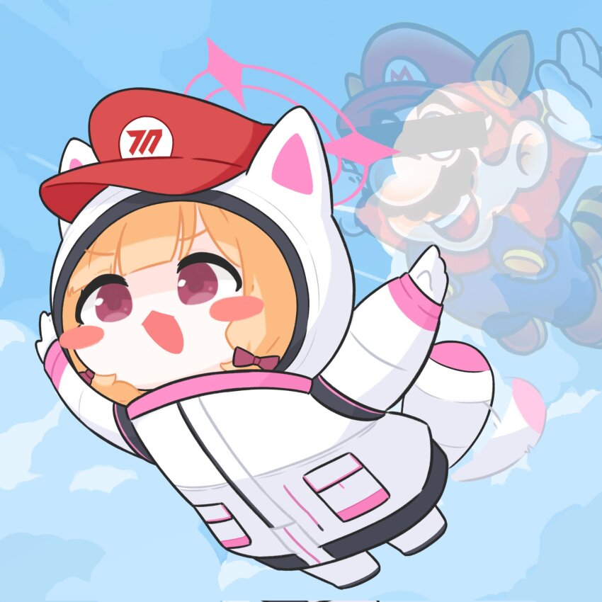1girl alternate_costume animal_ears animal_ears_helmet bar_censor blonde_hair blue_archive blue_overalls blue_sky boots bow brown_boots cat_helmet censored censored_identity emfldzm159 facial_hair fake_tail flying gloves halo hat helmet highres mario mario_(series) momoi_(battlesuit)_(blue_archive) momoi_(blue_archive) mustache nintendo open_mouth overalls pink_eyes pink_halo raccoon_ears raccoon_mario raccoon_tail red_hat red_shirt shirt sky solo spacesuit super_mario_bros._3 tail white_gloves