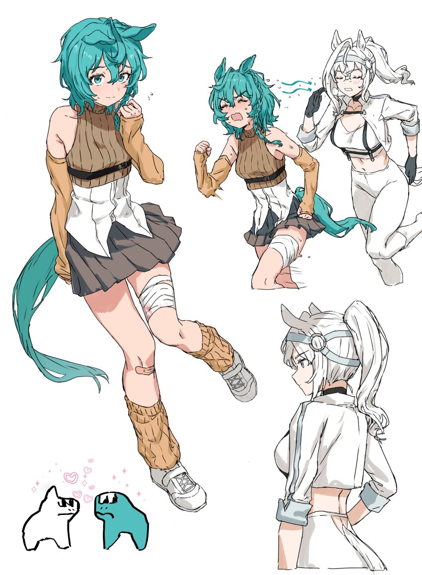 2girls absurdres animal_ears arm_warmers bandaged_leg bandages black_gloves braid cyan_(horse_race_tests) full_body girlsmell_particles_(meme) gloves highres horse_ears horse_girl horse_race_tests horse_tail leg_warmers leggings long_hair mao_jidan meme midriff multiple_girls ponytail running shoes side_braid sleeveless sleeveless_sweater superstitional_realism sweat sweater tail white_leggings white_shoes