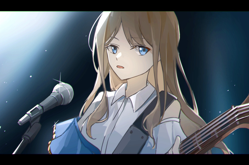1girl bang_dream! bang_dream!_it&#039;s_mygo!!!!! bass_guitar blue_eyes brown_hair chinese_commentary clothing_cutout collared_shirt commentary_request glint guitar_strap half-jacket highres holding holding_bass_guitar holding_instrument instrument letterboxed long_hair long_sidelocks looking_to_the_side microphone microphone_stand monnku nagasaki_soyo off-shoulder_jacket off_shoulder parted_bangs parted_lips shirt shoulder_cutout sidelocks sideways_glance solo upper_body white_shirt