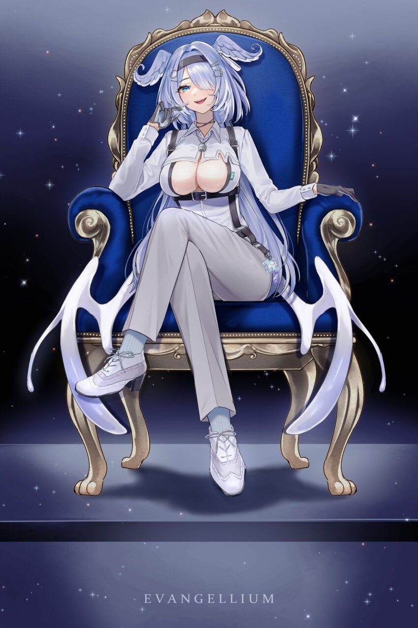 1girl absurdres alternate_costume blue_eyes blue_hair breasts cleavage elira_pendora elira_pendora_(4th_costume) evangellium fangs full_body hair_intakes hair_over_one_eye head_wings headband highres large_breasts nijisanji nijisanji_en official_alternate_costume sitting solo sparkle virtual_youtuber wings