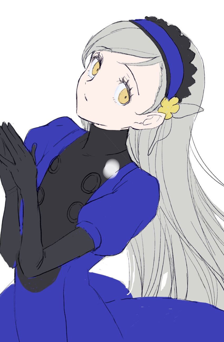 1girl black_gloves blonde_hair blue_dress blue_hairband breasts butterfly_hair_ornament closed_mouth dress elbow_gloves frilled_hairband frills gloves grey_hair hair_ornament hairband highres kanna_nijiniji lavenza_(persona_5) long_hair looking_at_viewer persona persona_5 puffy_sleeves simple_background solo swept_bangs very_long_hair white_background yellow_eyes