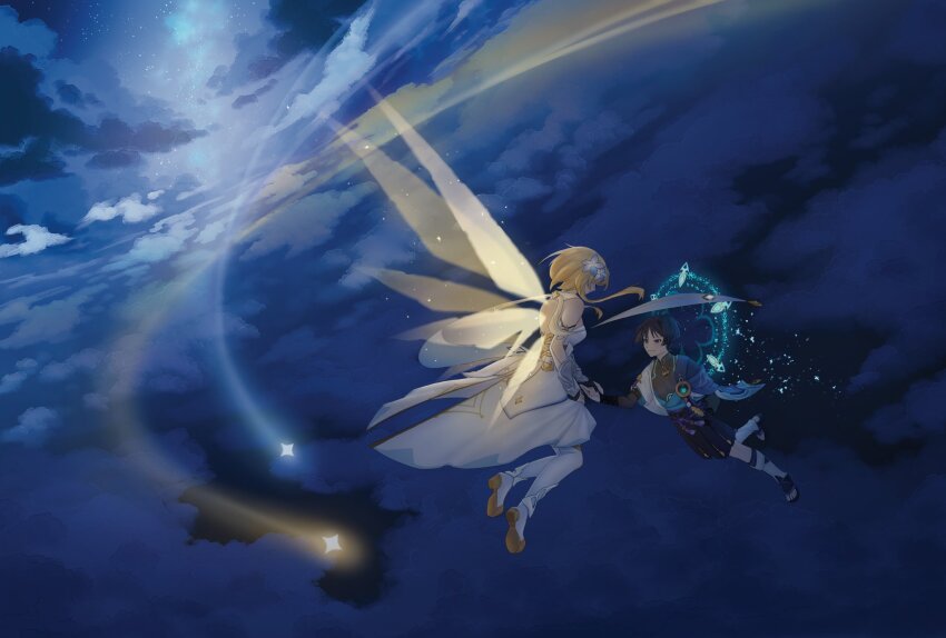 1boy 1girl anemo_symbol_(genshin_impact) aosoju aqua_gemstone arm_behind_back arm_cutout armor belt black_belt black_bodysuit black_bow black_bridal_gauntlets black_corset black_eyes black_hair black_leggings black_sandals black_shorts blonde_hair blue_cape blue_flower blue_halo blue_kimono blue_sleeves blue_trim bodysuit bow bridal_gauntlets cape closed_mouth cloud cloudy_sky corset cross-laced_clothes cross-laced_corset detached_sleeves dress facing_another feathers flower flying furisode gem genshin_impact glowing glowing_halo glowing_markings glowing_wings gold hair_flower hair_ornament hakama hakama_shorts halo halo_behind_head hand_up highres holding_hands japanese_armor japanese_clothes juban kimono kote kurokote layered_sleeves leg_warmers leggings looking_at_another lumine_(genshin_impact) magic_circle mandarin_collar median_furrow milky_way multicolored_flower multiple_wings night night_sky open_clothes open_kimono pleated_shorts pom_pom_(clothes) purple_rope purple_sash rope sandals sash scaramouche_(genshin_impact) scarf shoes shooting_star short_hair short_hair_with_long_locks short_sleeves shorts shoulder_peek sidelocks sky smile star_(sky) starry_sky stirrup_legwear stratosphere tassel thighhighs toeless_legwear toes transparent_wings tsurime vambraces vision_(genshin_impact) wanderer_(genshin_impact) white_dress white_flower white_kimono white_leg_warmers white_scarf white_sleeves white_thighhighs white_trim wings wispy_bangs yellow_feathers yellow_shoes yellow_wings zouri