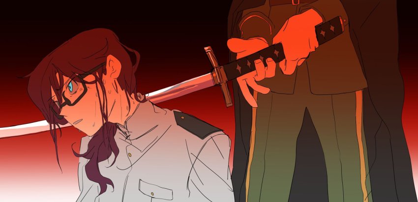 2girls aeo444 blue_eyes cape daiba_nana glasses highres hoshimi_junna katana military military_uniform multiple_girls purple_hair seppuku shoujo_kageki_revue_starlight simple_background sweat sword weapon