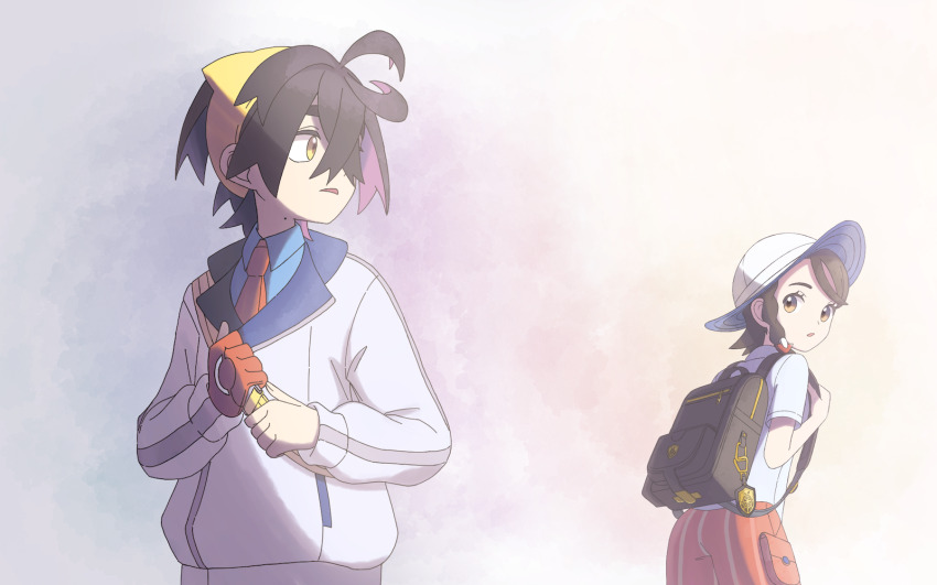 1boy 1girl :o backpack bag black_hair blue_shirt brown_eyes brown_hair collared_shirt colored_inner_hair commentary_request eyelashes hairband hat highres holding_strap jacket juliana_(pokemon) kieran_(pokemon) looking_back mole mole_on_neck multicolored_hair necktie nintendo open_mouth orange_shorts pokemon pokemon_sv school_uniform shirt short_sleeves shorts suimoku_(hzdg5322) white_hat white_jacket yellow_eyes yellow_hairband