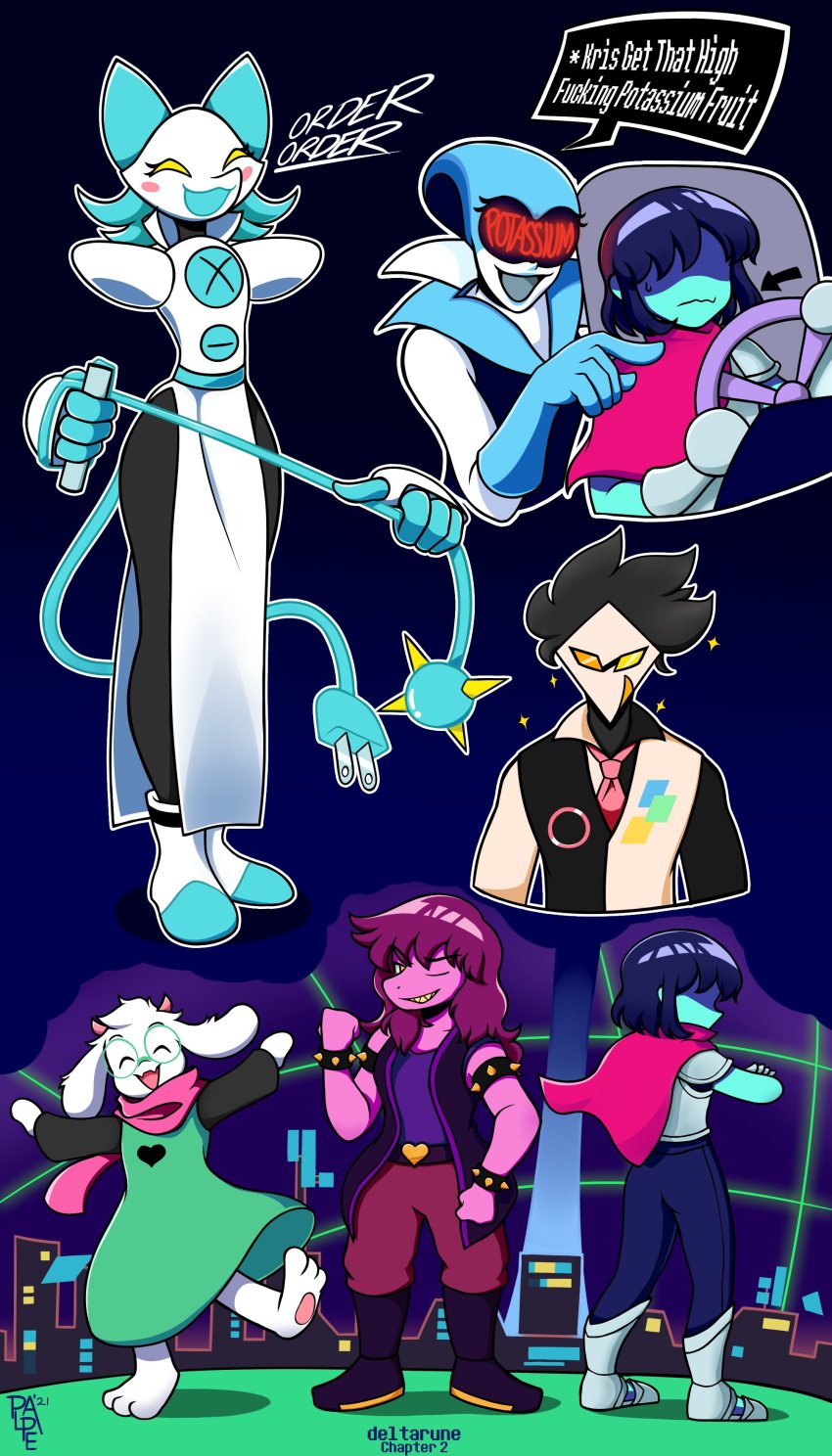 1other 2boys 3girls :d absurdres blue_skin blush_stickers butler cable cable_tail cityscape colored_skin commentary deltarune electric_plug electric_plug_tail english_commentary english_text flail heart heterochromatic_eyewear highres kris_(dark_world)_(deltarune) kris_(deltarune) mechanical_tail multicolor-tinted_eyewear multiple_boys multiple_girls necktie open_mouth palpe pink_skin profanity queen_(deltarune) ralsei rayman_limbs smile steering_wheel susie_(dark_world)_(deltarune) susie_(deltarune) swatch_(deltarune) tail tasque_manager tinted_eyewear wavy_mouth weapon