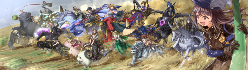 absurdres animal_ears ape blue_skin cat cat_ears chocobo coat colored_skin day fat_cat_(ff14) fat_chocobo final_fantasy final_fantasy_xiv fisheye gloves hakama hakama_pants hat height_difference highres hyur japanese_clothes lalafell lion looking_afar looking_at_another miqo&#039;te motor_vehicle motorcycle outdoors pants pectorals pegasus pig riding robot roegadyn saito_mizuka smile warrior_of_light_(ff14)