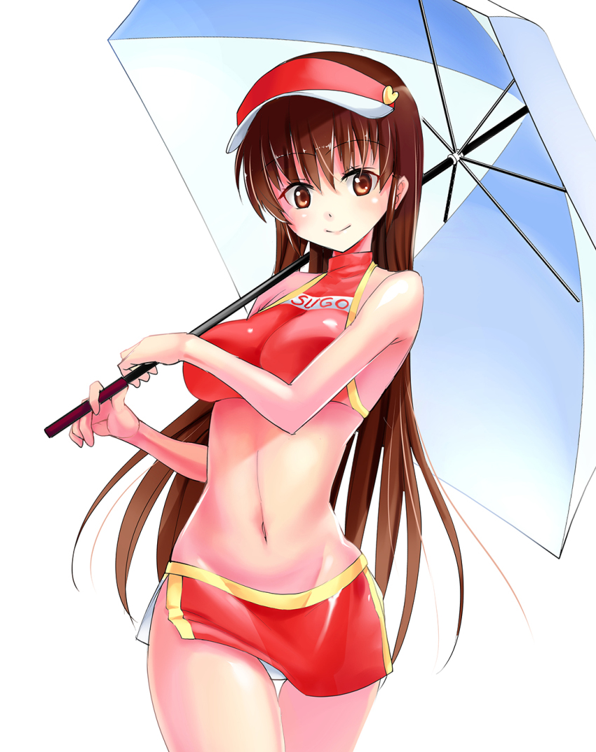 1girl 1990s_(style) bare_shoulders blush breasts brown_eyes brown_hair clothes_writing cowboy_shot crop_top future_gpx_cyber_formula halterneck high_collar highres kod/lxuan long_hair looking_at_viewer medium_breasts microskirt midriff miniskirt navel panties pantyshot race_queen simple_background skirt smile solo sugou_asuka umbrella underwear very_long_hair visor_cap white_background
