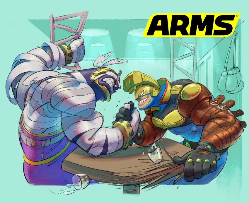 2boys aqua_background arm_wrestling arms_(game) biceps black_gloves bodysuit boxing_gloves clenched_teeth gloves grin helmet highres logo master_mummy_(arms) max_brass monster_boy multiple_boys mummy nintendo no_pupils official_art simple_background smile table teeth wrestling_outfit yamamoto_yuu