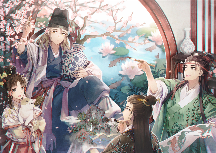 1girl 3boys :d animal black_headwear blonde_hair blue_robe branch brown_hair calico chinese_clothes coat fish flower futou green_robe guan_hat hair_between_eyes hair_bun hair_flower hair_ornament hair_pulled_back hair_stick hair_tubes hakusai_(tiahszld) hand_up hanfu headband highres holding holding_animal holding_paintbrush holding_vase indoors jiangnan_baijingtu jin_(headwear) leaf leg_warmers light_brown_hair lily_pad long_hair long_sleeves looking_at_another looking_at_viewer looking_away looking_to_the_side lotus moon_gate multiple_boys open_mouth paintbrush paintbrush_hair_ornament painting_(object) pink_flower pointing pointing_at_another pond profile robe sash scroll shelf shen_zhou sidelocks single_hair_bun sitting sleeves_rolled_up smile standing tang_jin_(headwear) tang_yin through_medium through_painting through_screen vase water_lily_flower wide_sleeves yellow_flower