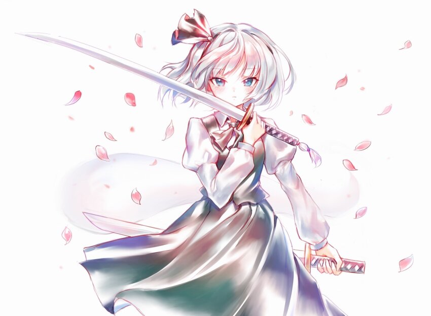 1girl black_hairband blue_eyes closed_mouth collared_shirt commentary cowboy_shot dual_wielding falling_petals green_skirt green_vest hairband highres holding holding_sword holding_weapon juliet_sleeves katana konpaku_youmu konpaku_youmu_(ghost) long_sleeves looking_at_viewer petals puffy_sleeves rhea_(156latte) shirt short_hair simple_background skirt solo sword touhou vest wakizashi weapon white_background white_hair white_shirt