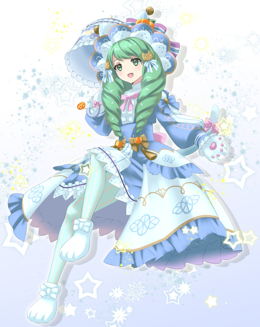 1girl animal_ears animal_hands cat_ears cat_paws cat_tail drill_hair facing_to_the_side fake_animal_ears fake_tail fire_emblem fire_emblem:_three_houses fire_emblem_heroes flayn_(fire_emblem) flayn_(halloween)_(fire_emblem) green_eyes green_hair hair_ornament hairclip highres kakiko210 looking_to_the_side nintendo official_alternate_costume open_mouth solo swept_bangs tail twin_drills umbrella