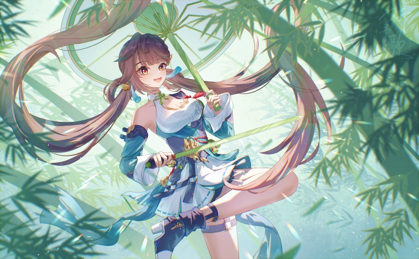 1girl absurdres ankle_belt aqinorz bare_shoulders breasts brown_hair china_dress chinese_clothes dress highres holding honkai_(series) honkai_impact_3rd li_sushang li_sushang_(peregrine_sword) long_hair open_mouth smile solo twintails very_long_hair