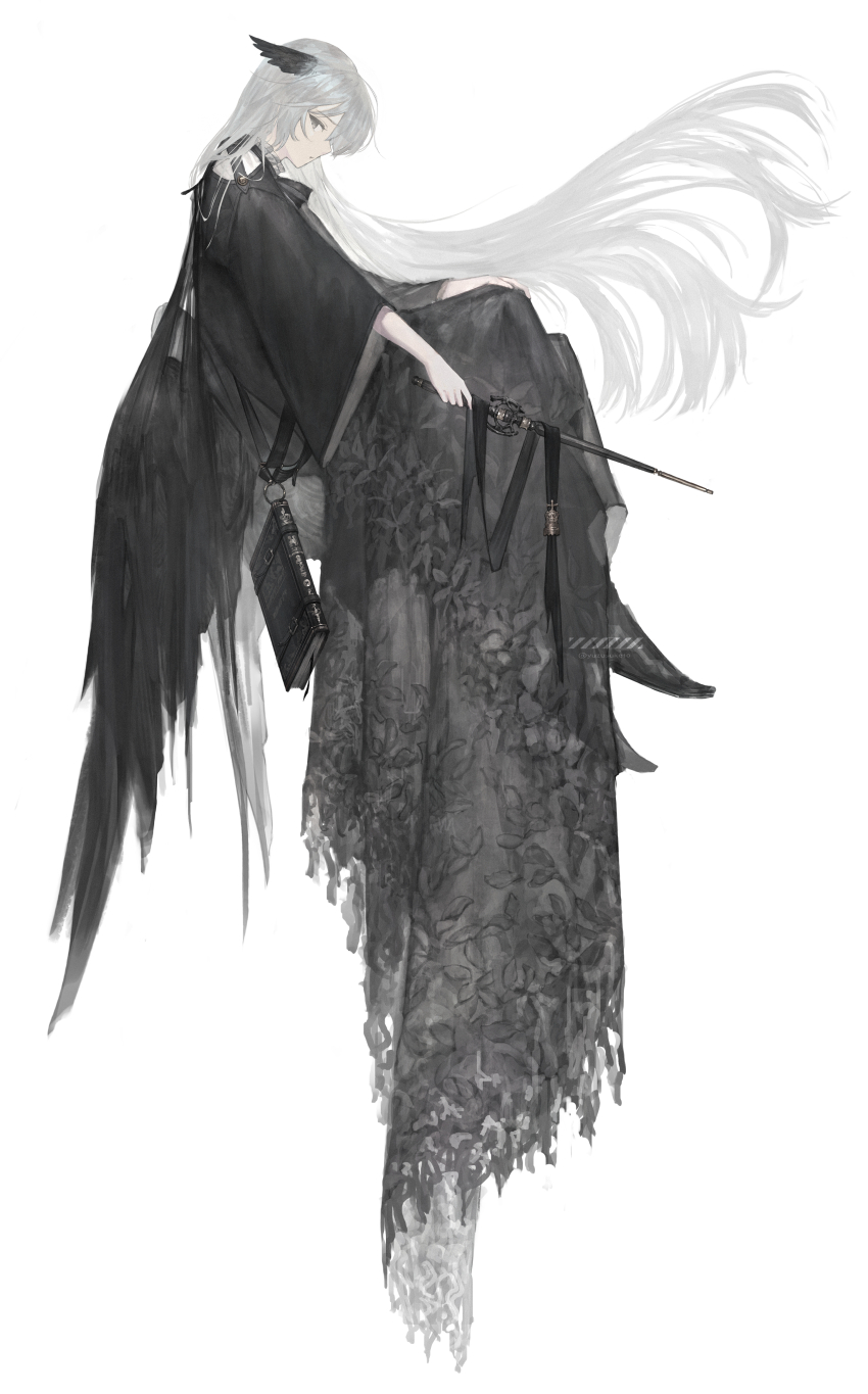1girl absurdres animal_ears black_boots black_dress book boots capelet dress feathered_wings floral_print_dress goth_fashion grey_eyes harness highres holding holding_wand long_hair long_sleeves looking_at_viewer open_mouth original print_dress simple_background solo wand watermark white_background white_hair wings yuzu_(yuzusuke10)