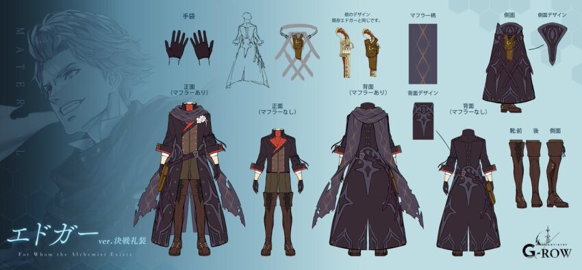 1boy aqua_background belt black_gloves blonde_hair boots brown_boots character_name commentary_request edgar_(ta_ga_tame_no_alchemist) floating_cape from_behind full_body gloves grey_scarf gun hair_behind_ear holster official_art reference_sheet rinzo scarf second-party_source simple_background standing straight-on ta_ga_tame_no_alchemist weapon