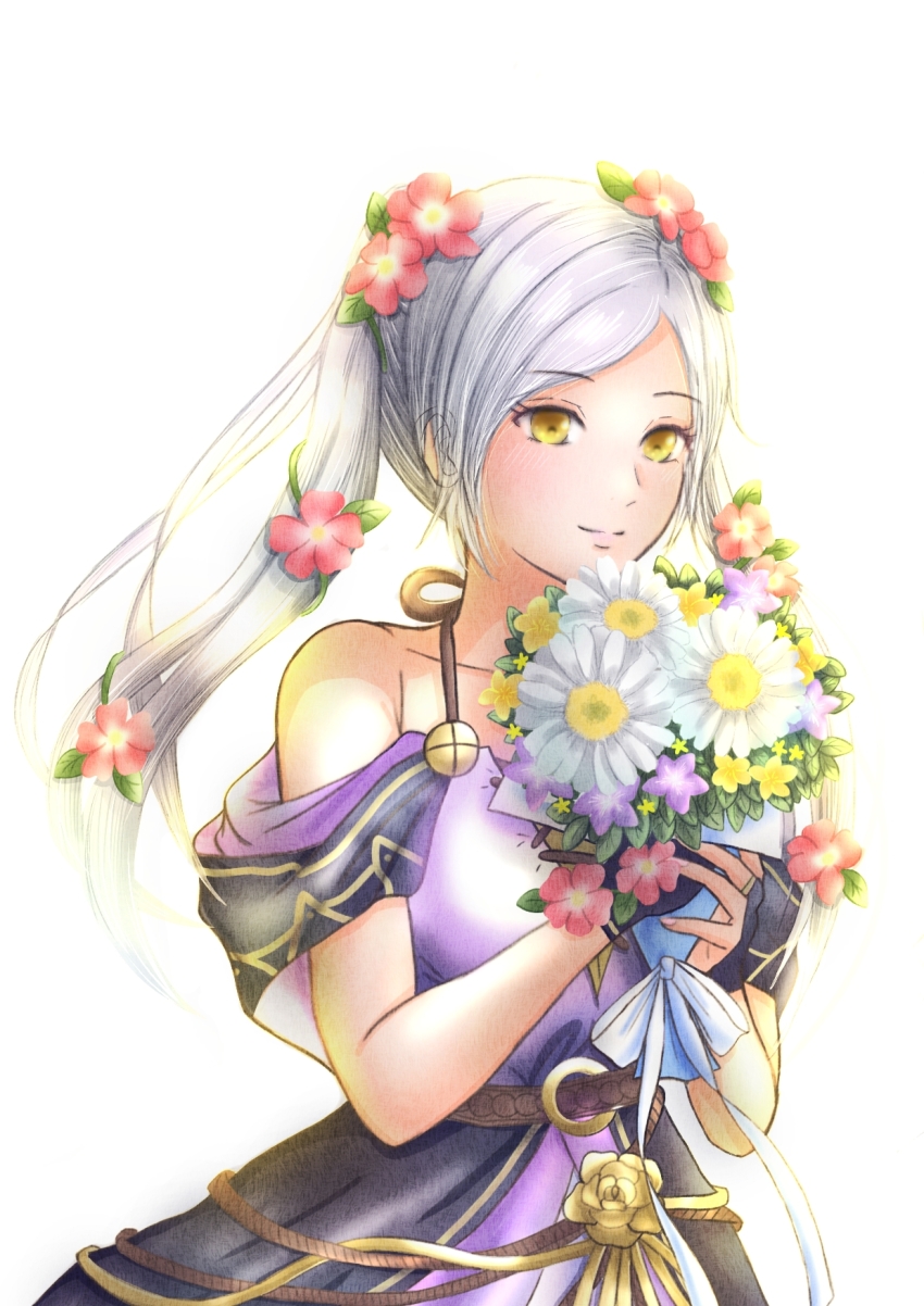 1girl bare_arms bare_shoulders bouquet bracelet breasts capelet cleavage collarbone dress eyelashes female_focus female_robin_(fire_emblem) female_robin_(valentine)_(fire_emblem) fingerless_gloves fingernails fire_emblem fire_emblem_awakening fire_emblem_heroes flower flower_bracelet gloves hair_flower hair_ornament halterneck hands_up happy highres holding holding_bouquet intelligent_systems lips long_dress long_hair medium_breasts moverabbit0305 neck nintendo off_shoulder official_alternate_costume rope_belt sidelocks simple_background sleeveless sleeveless_dress smile spaghetti_strap standing swept_bangs twintails upper_body white_background white_hair yellow_eyes