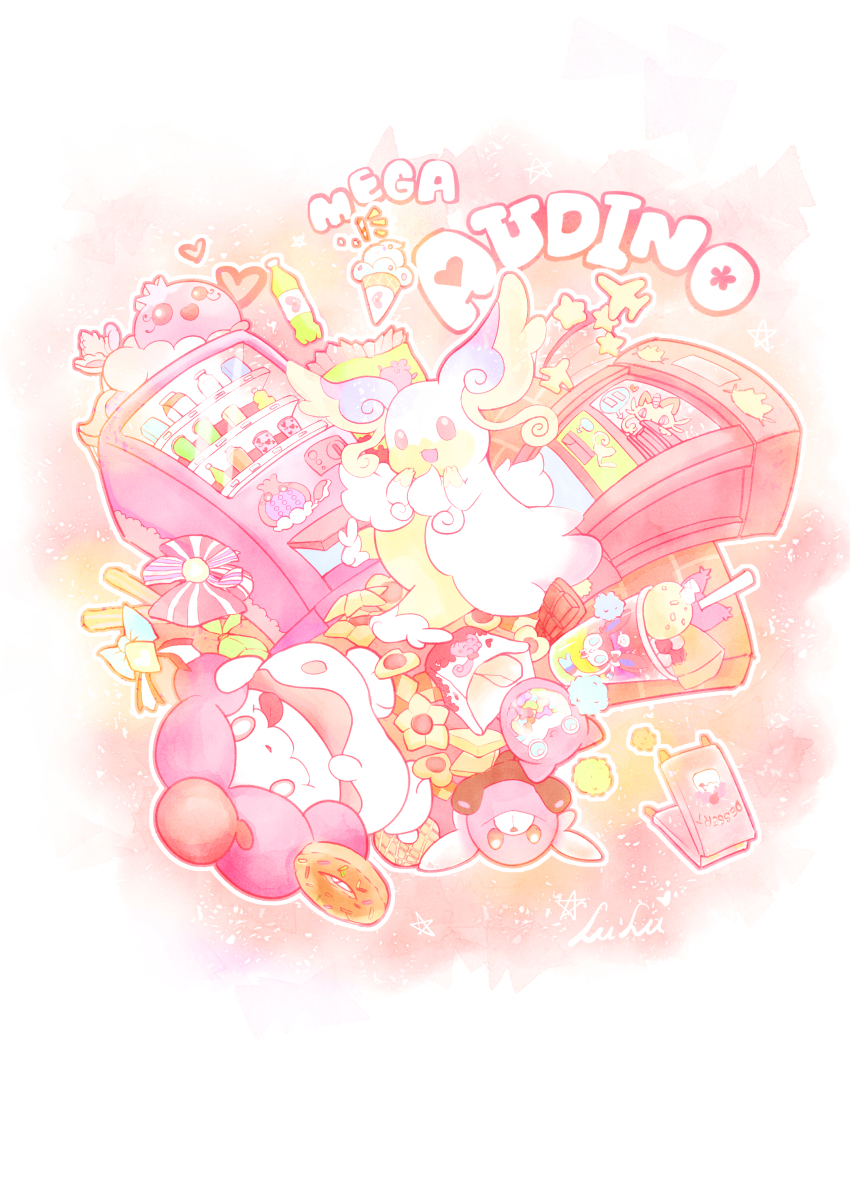 absurdres audino chocolate cookie dessert donut food game_freak gen_1_pokemon gen_2_pokemon gen_3_pokemon gen_4_pokemon gen_5_pokemon gen_6_pokemon gen_7_pokemon happiny heart highres ice_cream igglybuff jellicent jellicent_(female) littlelluu luvdisc mega_audino mega_pokemon meowth nintendo no_humans pink_theme pokemon pokemon_(creature) slurpuff soda_bottle stufful sylveon vending_machine
