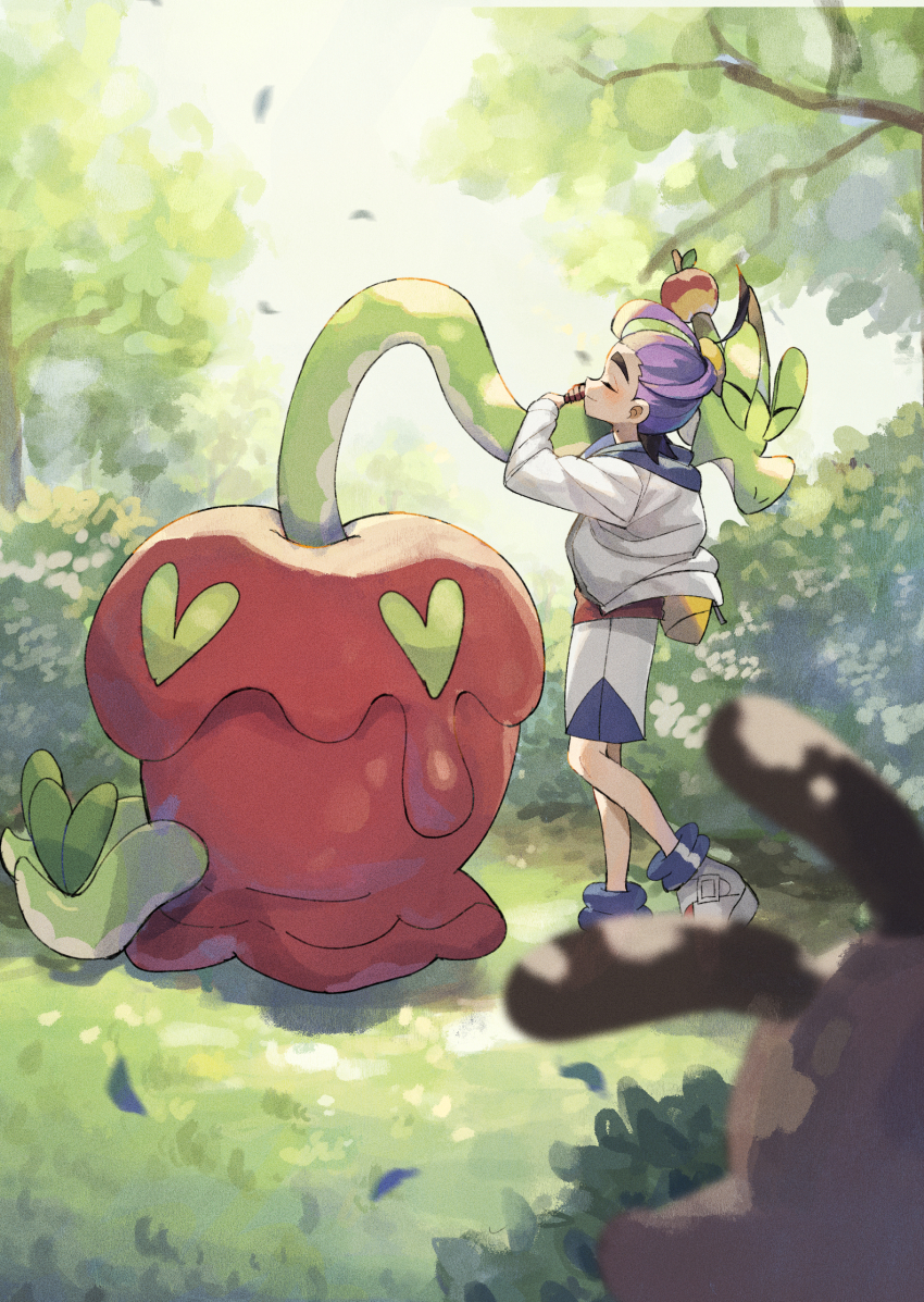 1boy blurry blurry_foreground candy_apple closed_eyes falling_leaves food forest gen_2_pokemon highres hug hydrapple jacket kieran_(pokemon) leaf male_focus matsuda_(0yx38755230263c) nature nintendo on_grass outdoors pokemon pokemon_(creature) pokemon_sv purple_hair sentret shorts standing white_jacket white_shorts worm