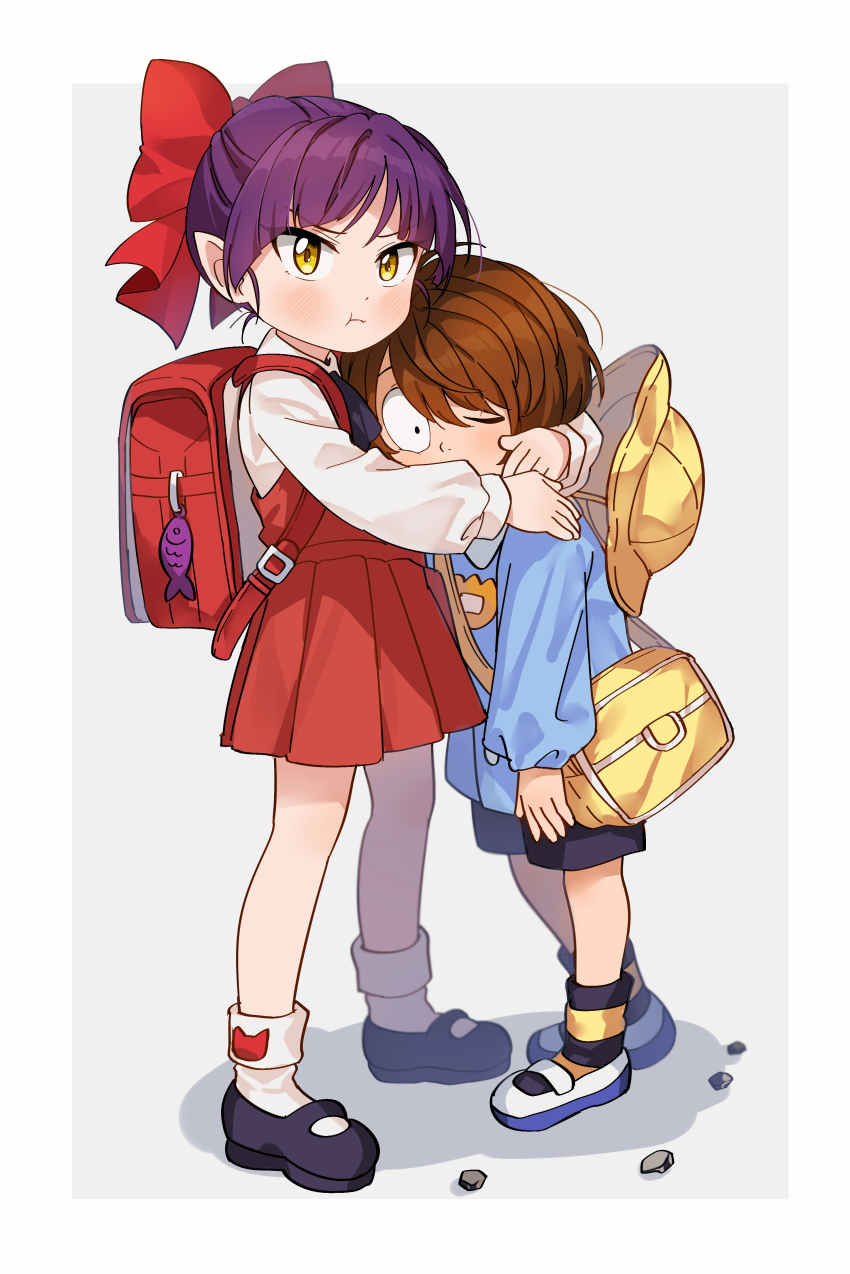 ._. 1boy 1girl absurdres aged_down alternate_costume backpack bag brown_hair commentary_request gegege_no_kitarou hat highres hug kitarou looking_at_viewer missing_eye nekomusume nekomusume_(gegege_no_kitarou_6) pout purple_hair silanduqiaocui simple_background skirt yellow_eyes