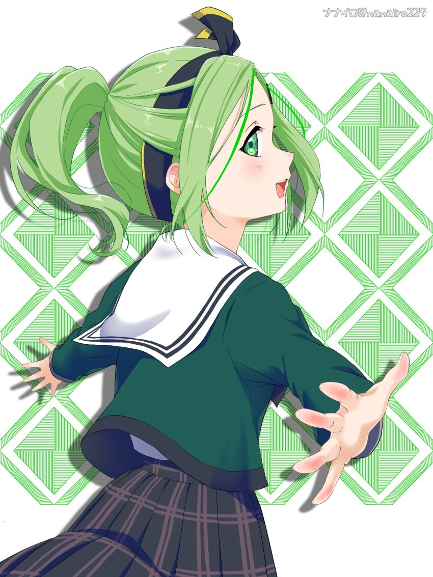 1girl 22/7 :d artist_name black_skirt bow bow_hairband cowboy_shot from_behind green_eyes green_hair green_shirt hair_bow hair_ornament hairband hairclip half_updo high_ponytail highres kiryu_touko long_sleeves looking_back nanairo_(nanairo227) open_mouth parted_bangs plaid_clothes plaid_skirt pleated_skirt ponytail rokubanchou_school_uniform sailor_collar school_uniform serafuku shirt skirt smile solo spread_legs standing teeth two-tone_bow two-tone_hairband upper_teeth_only white_sailor_collar