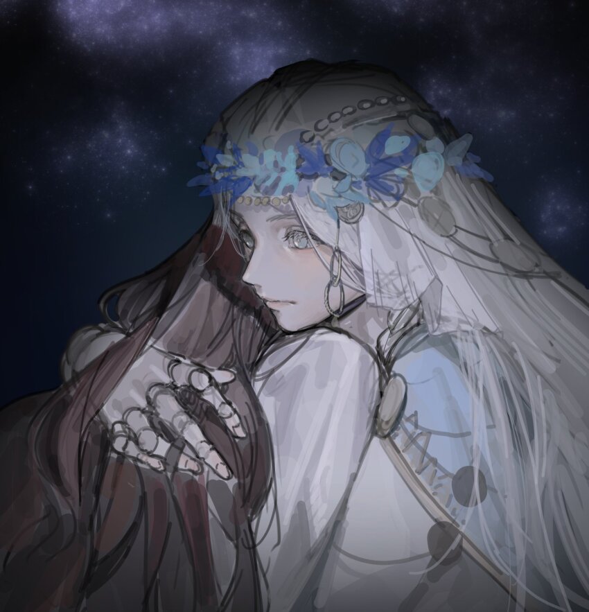 1girl blue_cape blue_eyes cape doll_joints dress elden_ring elden_ring_nightreign flower_wreath gold_trim head_wreath highres jewelry joints night night_sky revenant_(elden_ring) riio sky solo upper_body veil white_dress white_hair white_veil