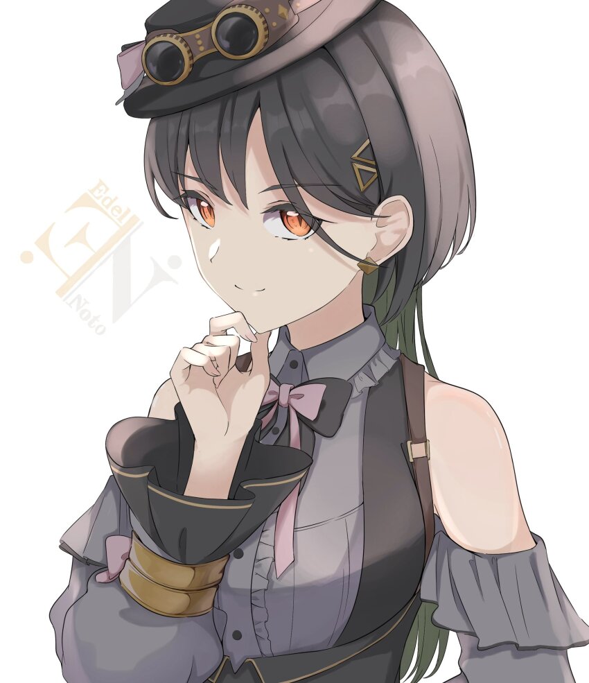 1girl armpit_crease bare_shoulders black_hair black_hat blush breasts center_frills closed_mouth clothing_cutout collared_shirt commentary diamond_earrings dress_shirt earrings edel_note frilled_shirt frilled_shirt_collar frills goggles goggles_on_headwear grey_shirt hair_ornament hand_on_own_chin hat highres jewelry katsuragi_izumi link!_like!_love_live! logo long_hair long_sleeves looking_at_viewer love_live! medium_breasts official_alternate_costume orange_eyes puffy_long_sleeves puffy_sleeves retrofuture_(love_live!) shirt shoulder_cutout simple_background slit_pupils smile solo split_mouth stroking_own_chin tilted_headwear tomoe_(tomoe_200) triangle_hair_ornament underbust upper_body v-shaped_eyebrows virtual_youtuber white_background wolf_cut