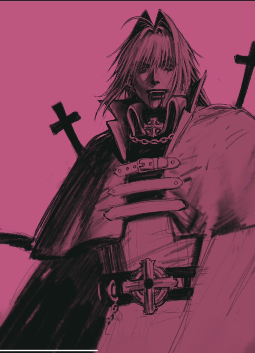 1boy ahoge belt blood blood_from_mouth cross hair_ears hair_intakes highres male_focus meisharan original smile solo valentine_(meisharan)