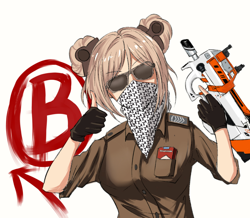 1girl absurdres artist_request bandana bullpup cigarette_pack counter-strike_(series) counter-strike_2 counter_strike:global_offensive double_bun female_focus girls&#039;_frontline gloves gun hair_bun highres meme p90 p90_(girls&#039;_frontline) personal_defense_weapon pocket solo submachine_gun sunglasses terrorist weapon white_background