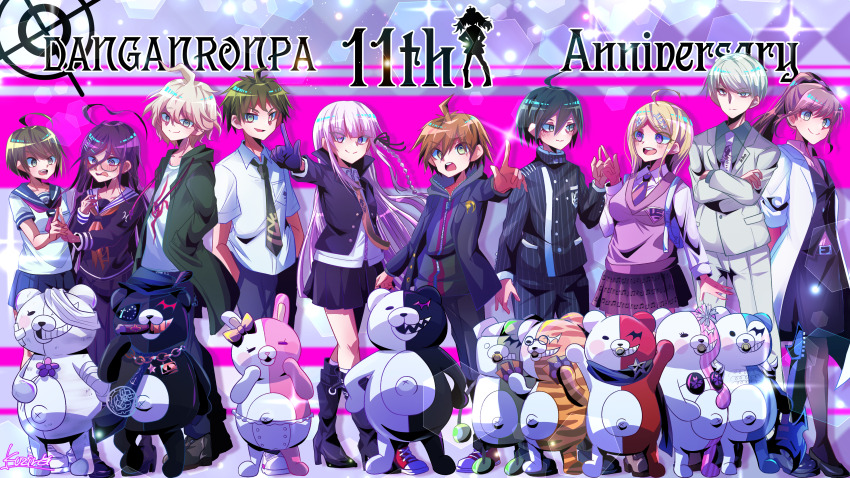 5boys 5girls absurdres ahoge akamatsu_kaede anniversary bandaged_arm bandages bear black_pants black_shirt blonde_hair blue_hair blue_skirt blush brown_hair cigar closed_mouth commentary_request danganronpa:_trigger_happy_havoc danganronpa_(series) danganronpa_2:_goodbye_despair danganronpa_3_(anime) danganronpa_another_episode:_ultra_despair_girls danganronpa_v3:_killing_harmony english_text enoshima_junko eyepatch fedora flower formal_clothes fortissimo fukawa_toko glasses gloves gold_necklace gold_teeth green_eyes green_hair green_jacket green_necktie grey_hair guitar hair_ornament hat highres hinata_hajime holding holding_flower instrument jacket jewelry kirigiri_kyoko komaeda_nagito kujira_pyon_ka kurokuma_(danganronpa) lock long_hair mole mole_under_mouth monodam monokid monokuma monomi_(danganronpa) monophanie monosuke monotaro_(danganronpa) multiple_boys multiple_girls munakata_kyousuke musical_note musical_note_hair_ornament musical_note_print naegi_komaru naegi_makoto neckerchief necklace necktie open_mouth pants pointing ponytail purple_eyes purple_hair purple_necktie purple_shirt purple_skirt rabbit red_neckerchief red_necktie robot round_eyewear saihara_shuichi scarf school_uniform serafuku sharp_teeth shirokuma_(danganronpa) shirt short_hair signature silhouette skirt smile suit teeth torn_clothes torn_neckerchief upper_teeth_only white_hair white_necktie white_shirt white_suit yukizome_chisa