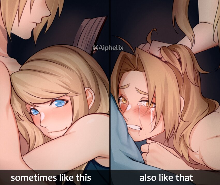 1boy 1girl aiphelix blonde_hair blue_eyes blush comforting crying crying_with_eyes_open edward_elric english_text fullmetal_alchemist grabbing_another&#039;s_hair grin hair_pulled_back hetero highres hug implied_anal implied_pegging implied_sex long_hair looking_at_viewer meme on_bed saliva smile sometimes_like_this/also_like_that_(meme) streaming_tears tears vanilla winry_rockbell yellow_eyes