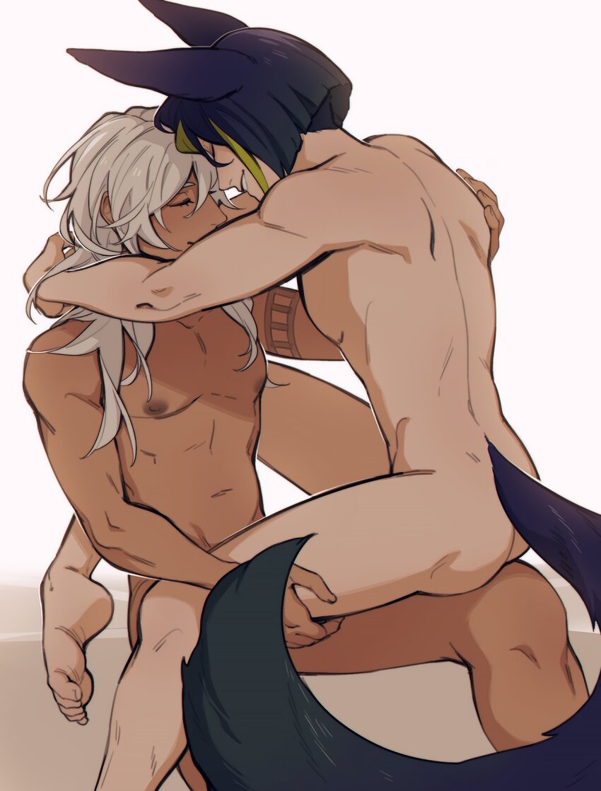 2boys abs animal_ears arms_around_neck ass back blue_hair closed_eyes closed_mouth completely_nude cyno_(genshin_impact) dark-skinned_male dark_blue_hair dark_skin genshin_impact hand_on_another&#039;s_shoulder hand_on_another&#039;s_thigh highres interracial male_focus medium_hair multicolored_hair multiple_boys navel nipples nude pectorals ruebird sitting smile streaked_hair tail teeth tighnari_(genshin_impact) toe_scrunch white_hair yaoi