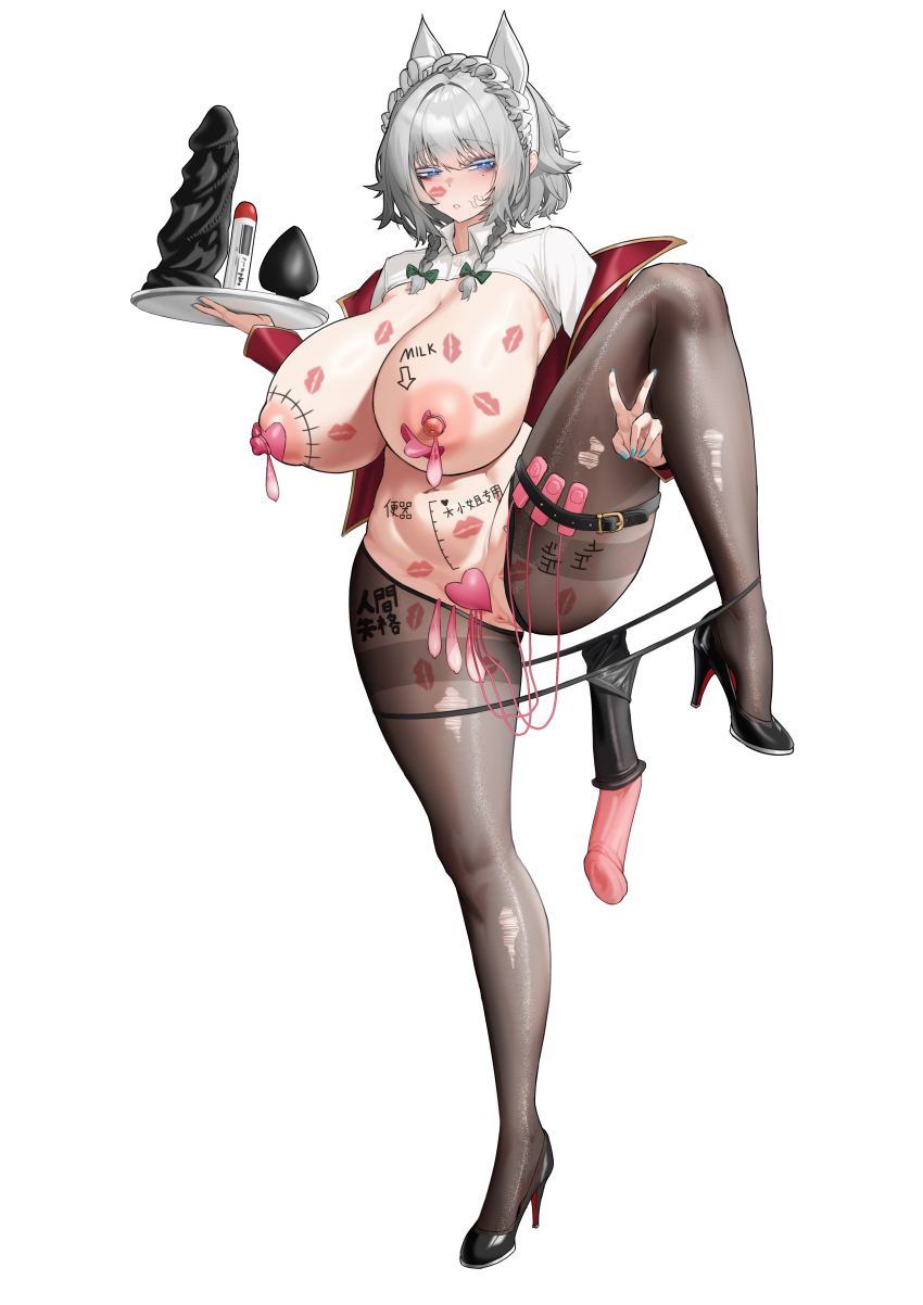 1girl absurdres alternate_breast_size_(larger) anus belt black_belt black_panties black_shoes blue_eyes blue_nails bow breasts brown_pantyhose butt_plug cleavage condom condom_on_nipples crotchless crotchless_pantyhose dildo full_body green_bow grey_hair heart_maebari high_heels highres holding holding_tray horse_dildo huge_breasts huge_dildo izayoi_sakuya lipstick_mark lotion_bottle lube maebari maid_headdress nail_polish nipples panties panty_pull pantyhose puffy_nipples remote_control_vibrator sex_toy shoes short_hair simple_background solo standing standing_on_one_leg tally thigh_belt thigh_strap thighband_pantyhose touhou tray underwear unworn_butt_plug used_condom user_ckkx8884 v vibrator white_background