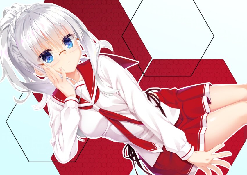 1girl 8kumagawa_(log) :&lt; adjusting_eyewear blue_eyes blush braid bright_pupils closed_mouth commentary_request commission cowboy_shot crown_braid dutch_angle eyes_visible_through_hair fingernails glasses grey_hair hair_between_eyes hand_up hidan_no_aria highres jeanne_d&#039;arc_(hidan_no_aria) long_hair long_sleeves looking_at_viewer miniskirt neckerchief pleated_skirt ponytail red_background red_neckerchief red_sailor_collar red_skirt sailor_collar school_uniform serafuku shirt simple_background sitting skeb_commission skirt solo tsurime two-tone_background white_background white_shirt