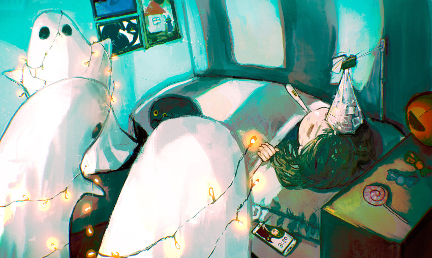 1girl black_cat byakugun candy cat cellphone christmas_lights closed_eyes commentary food green_hair highres ice_pack lollipop long_hair original phone picture_frame sheet_ghost sick smartphone string_of_light_bulbs sweat thermometer