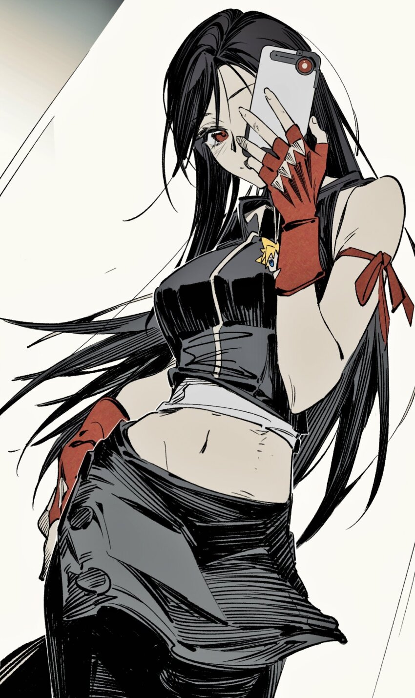 1girl apron arm_ribbon bare_shoulders black_apron black_hair black_shorts black_vest breasts closed_mouth cloud_strife cowboy_shot crop_top crow0cc dissidia_final_fantasy dissidia_final_fantasy_nt final_fantasy final_fantasy_vii final_fantasy_vii_advent_children fingerless_gloves gloves highres holding holding_phone light_blush long_hair looking_at_viewer medium_breasts midriff mirror_selfie navel phone red_eyes red_gloves red_ribbon ribbon selfie shorts smile solo swept_bangs tank_top tifa_lockhart vest waist_apron white_tank_top