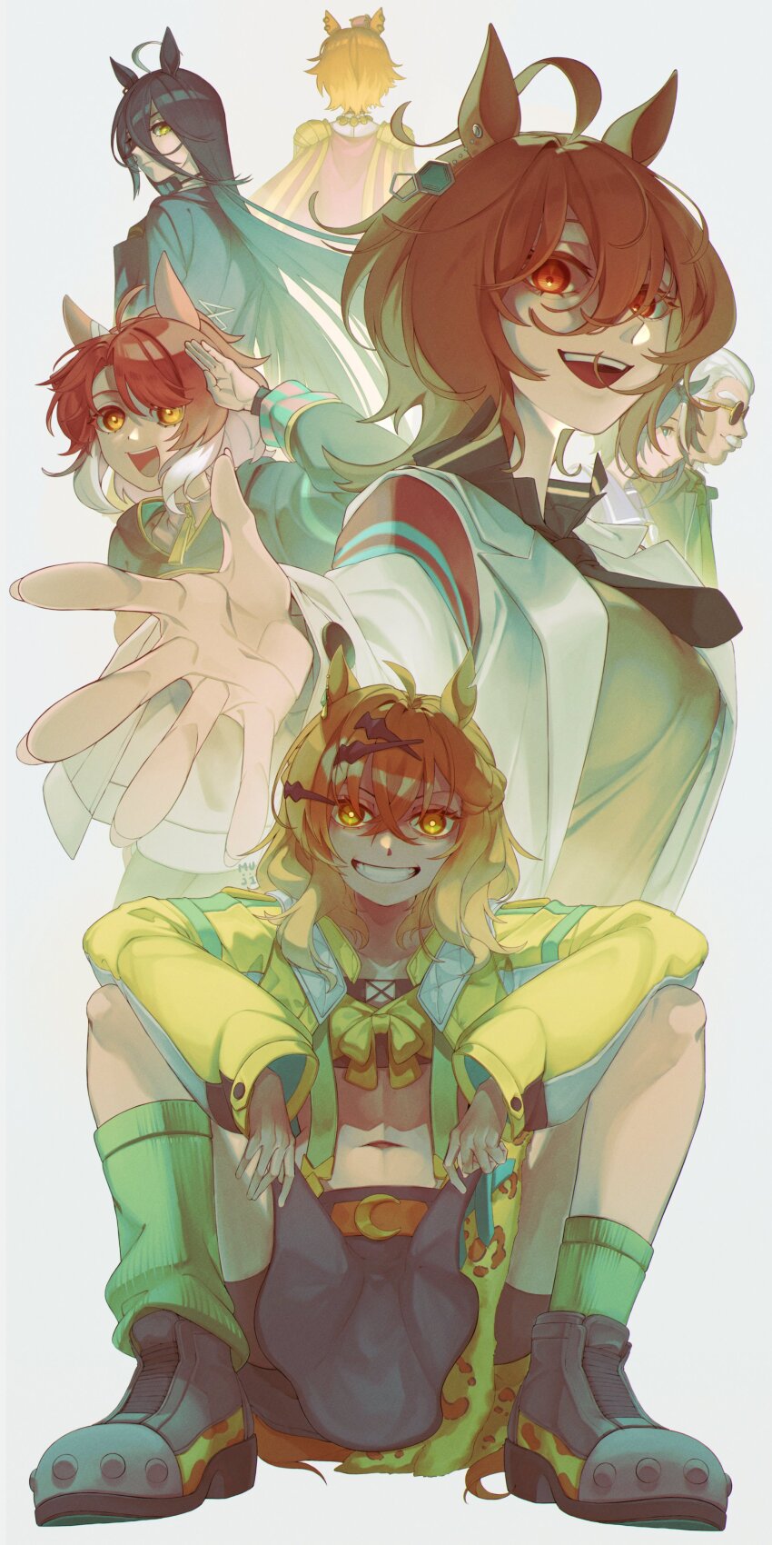 1boy 6+girls absurdres agnes_tachyon_(umamusume) ahoge animal_ears black_hair blue_eyes bow brown_eyes brown_hair crown dantsu_flame_(umamusume) ear_covers ear_ornament earrings facial_hair fuji_kiseki_(umamusume) hair_between_eyes hair_ornament hairclip highres horse_ears horse_girl horse_tail jacket jewelry jungle_pocket_(umamusume) lab_coat long_bangs long_hair long_sleeves looking_at_viewer manhattan_cafe_(umamusume) medium_hair mini_crown mujintou_png multicolored_hair multiple_girls mustache necktie notched_ear open_mouth orange_hair red_eyes shirt shoes short_hair single_earring skirt smile squatting t.m._opera_o_(umamusume) tail tanabe_trainer two-tone_hair umamusume umamusume:_beginning_of_a_new_era white_hair yellow_eyes