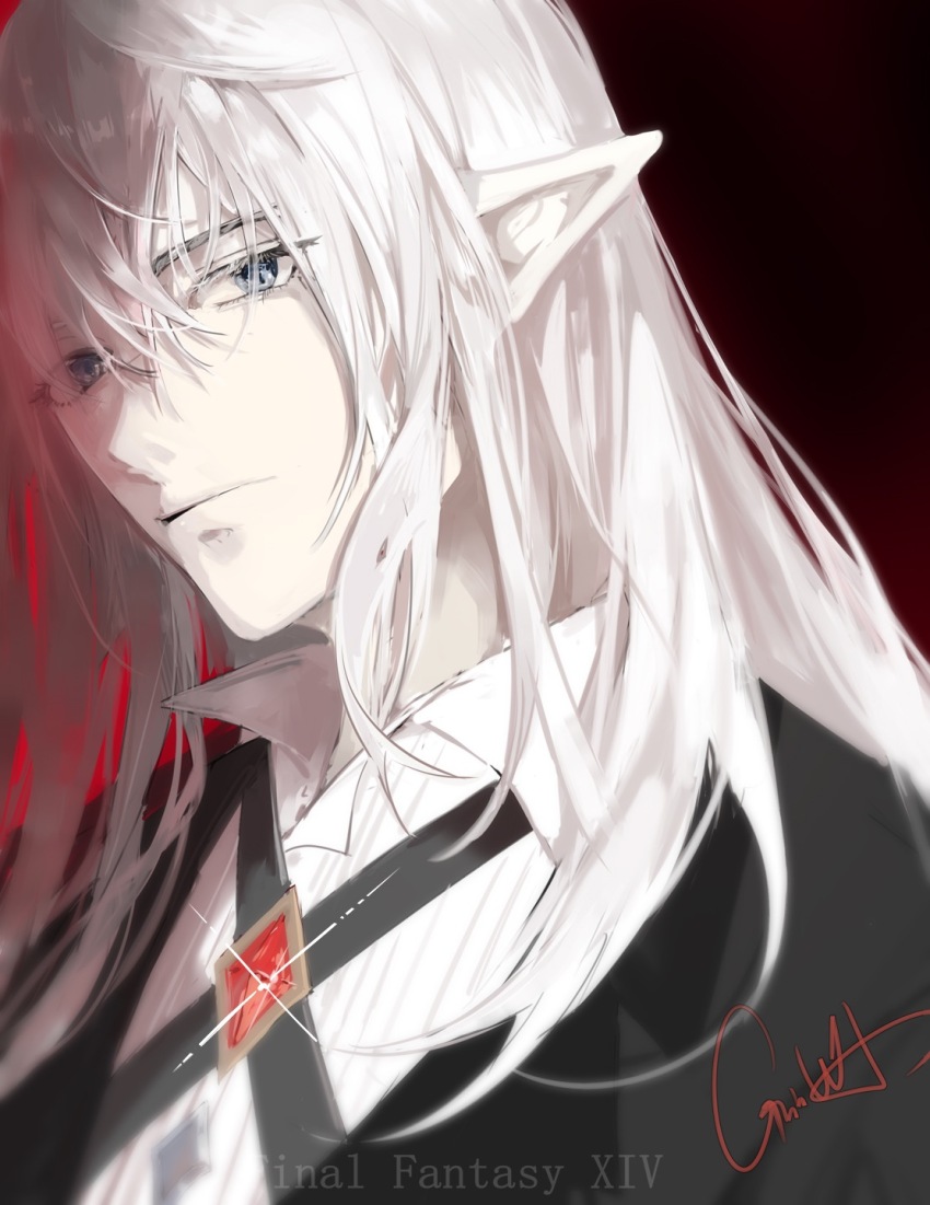 1boy alternate_costume black_background black_jacket blue_eyes brooch chinese_commentary collared_shirt commentary copyright_name elezen elf estinien_varlineau final_fantasy final_fantasy_xiv gradient_background highres jacket jewelry long_hair looking_at_viewer male_focus pointy_ears red_background shengxianxiaoyupian shirt sideways_glance signature solo straight_hair striped_clothes striped_shirt suit_jacket upper_body vertical-striped_clothes vertical-striped_shirt white_hair white_shirt