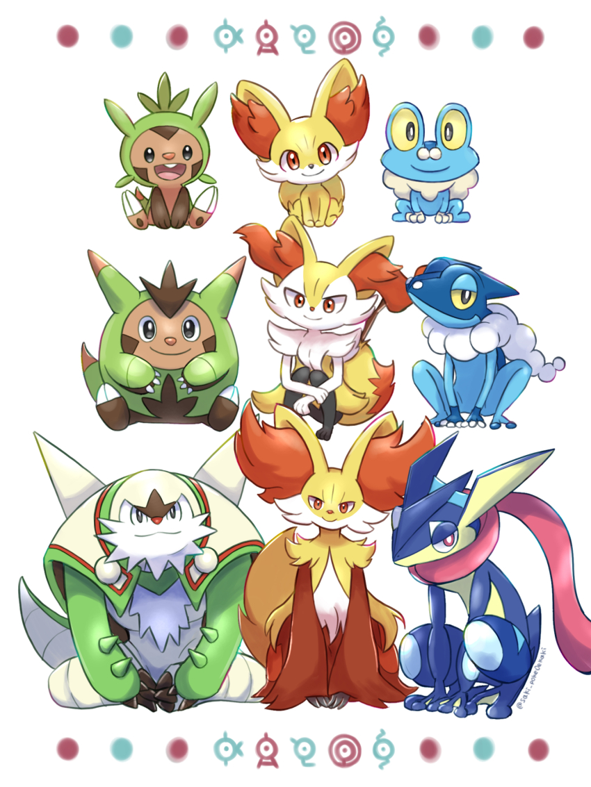 artist_name braixen chesnaught chespin delphox evolutionary_line fennekin froakie frogadier gen_2_pokemon gen_6_pokemon greninja highres looking_at_viewer nintendo no_humans open_mouth pokemon pokemon_(creature) quilladin simple_background sitting starter_pokemon_trio teeth unown unownglyphics upper_teeth_only user_wuxd3433 watermark