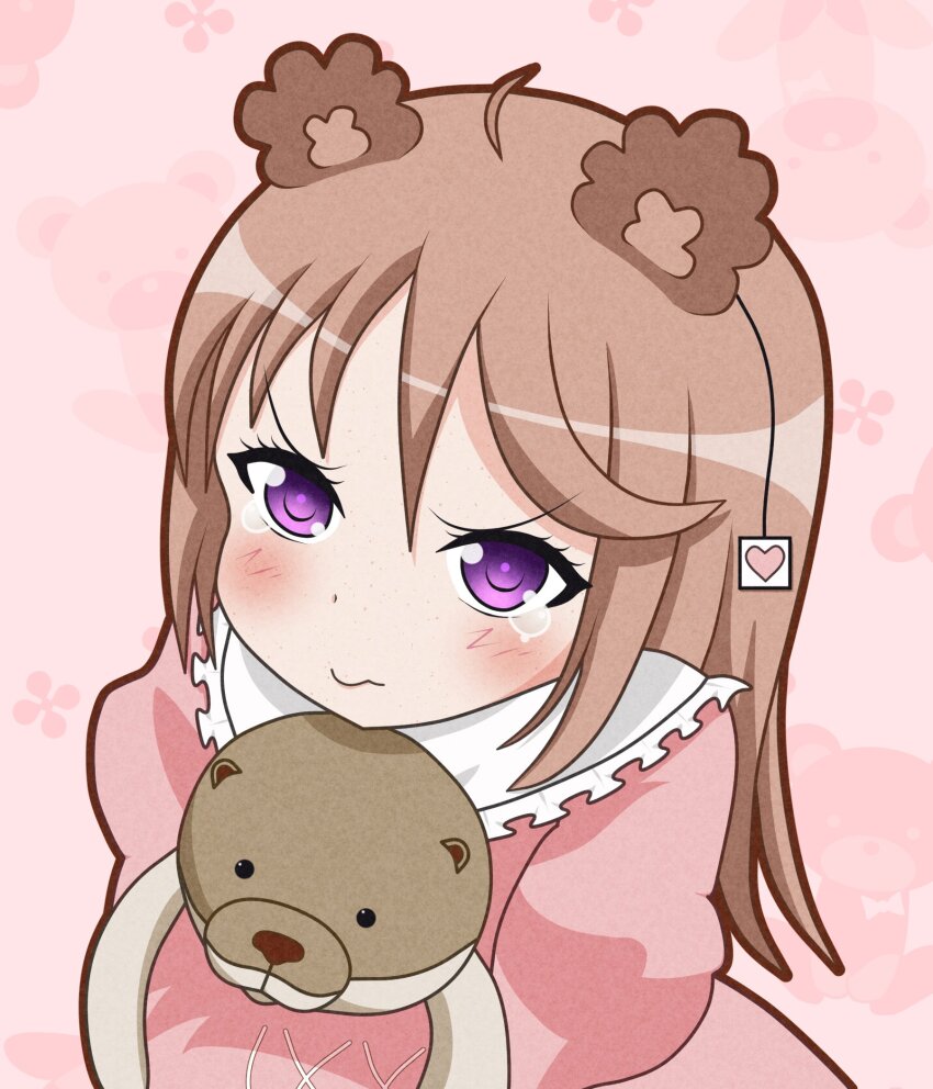 1boy 1girl 2025 ahoge animal_ears bear_ears bear_girl blush brown_hair buttertcookie child cream_soder crying curly_hair highres indie_virtual_youtuber miruku_kumazuki otter pink_background pout purple_eyes soder solo