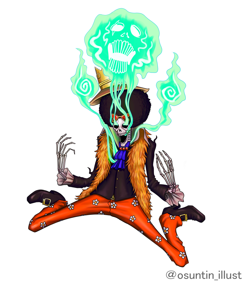 1boy absurdres afro artist_name ascot black_hair blue_ascot brook_(one_piece) commentary crown_hat eyewear_on_head frilled_sleeves frills full_body hat heart heart-shaped_eyewear highres long_sleeves male_focus one_piece open_mouth osuntin_illust red-tinted_eyewear simple_background skeleton solo sunglasses teeth tinted_eyewear twitter_username white_background yellow-framed_eyewear