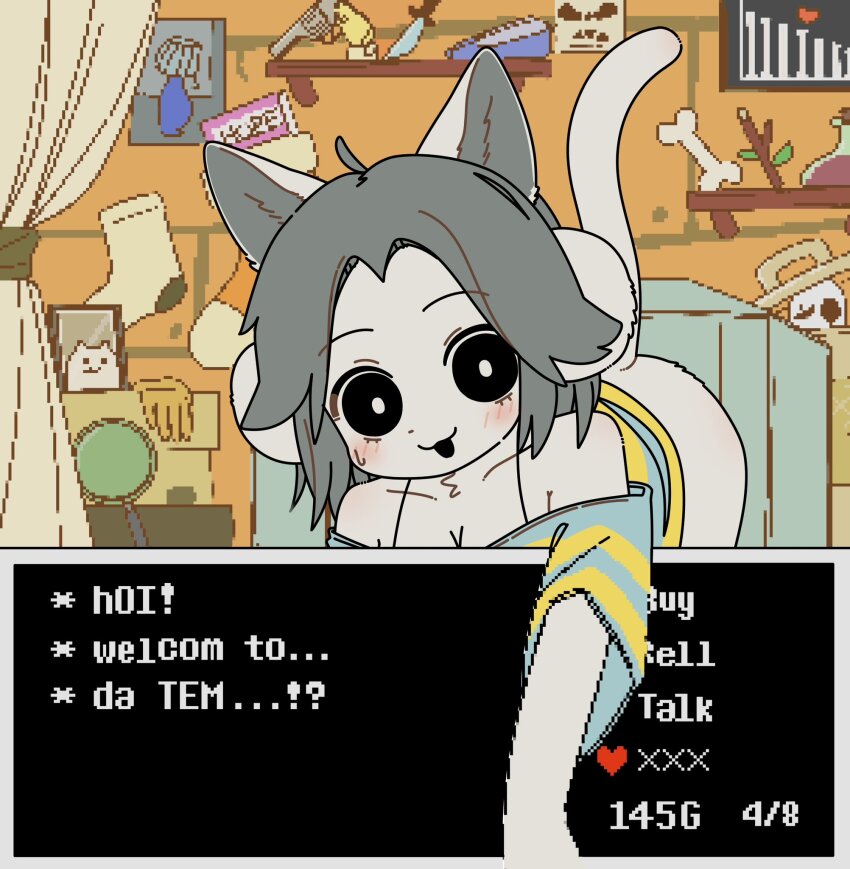 1boy 1girl animal_ears annoying_dog blush bone box branch breasts cardboard_box christmas_stocking commentary curtains english_commentary english_text gameplay_mechanics gloves grey_hair gun highres indoors leaning_forward looking_at_viewer magnifying_glass off_shoulder personification picture_frame potion shelf shirt socks striped_clothes striped_shirt striped_sweater sweat sweater sword tail temmie trash_can undertale w.d._gaster weapon white_fur yagi_(mike_no_hito)