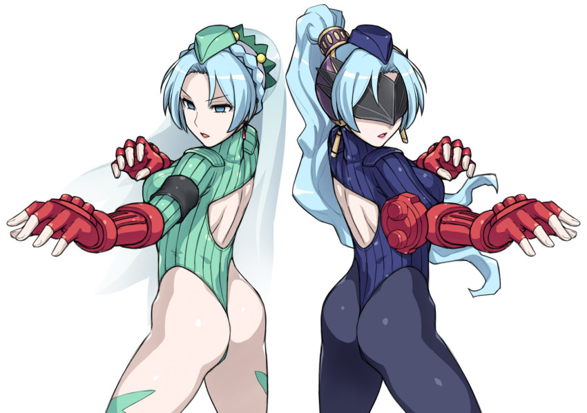 2girls ass black_legwear blindfold blue_eyes blue_hair blue_headwear blue_leotard bodypaint breasts cammy_white cammy_white_(cosplay) commentary_request corruption cosplay cowboy_shot dark_persona decapre_(cosplay) emphasis_lines garrison_cap green_headwear green_leotard grune_(tales) hai_(h81908190) hat large_breasts leotard long_hair multiple_girls pantyhose ponytail ribbed_leotard schwartz shadaloo_dolls shoulder_pads simple_background sleeved_leotard street_fighter street_fighter_zero_(series) tales_of_(series) tales_of_legendia thong_leotard white_background