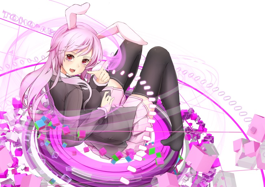 1girl animal_ears bad_id bad_pixiv_id black_thighhighs blazer breasts collared_shirt cube danmaku female_focus finger_gun jacket light_trail long_hair long_sleeves looking_at_viewer no_shoes open_mouth pink_skirt pleated_skirt purple_hair rabbit_ears radiosity_(yousei) red_eyes reisen_udongein_inaba revision shirt simple_background skirt solo thighhighs thighs touhou white_background white_shirt