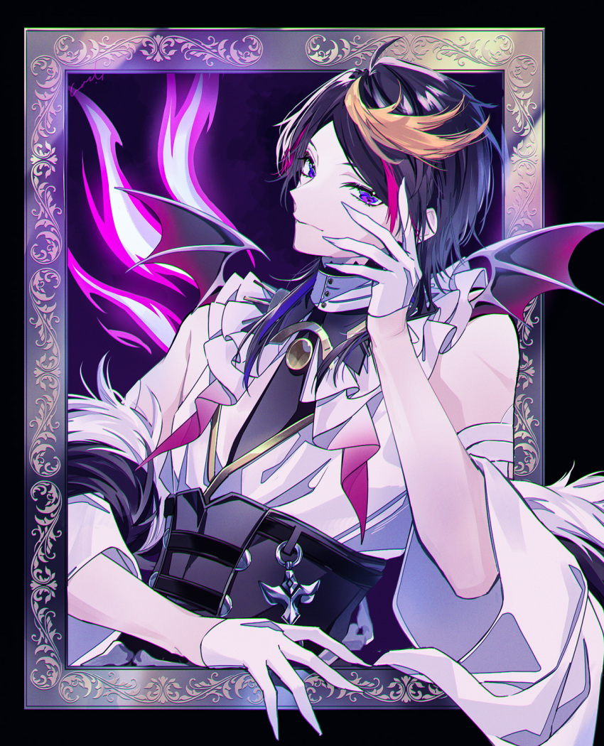 1boy black_corset black_hair blonde_hair corset frilled_shirt_collar frills gloves half_gloves hand_on_own_cheek hand_on_own_face highres male_focus multicolored_hair nijisanji nijisanji_en pink_hair purple_eyes shu_yamino shu_yamino_(1st_costume) solo streaked_hair tomo7xxxx virtual_youtuber white_gloves wide_sleeves wings