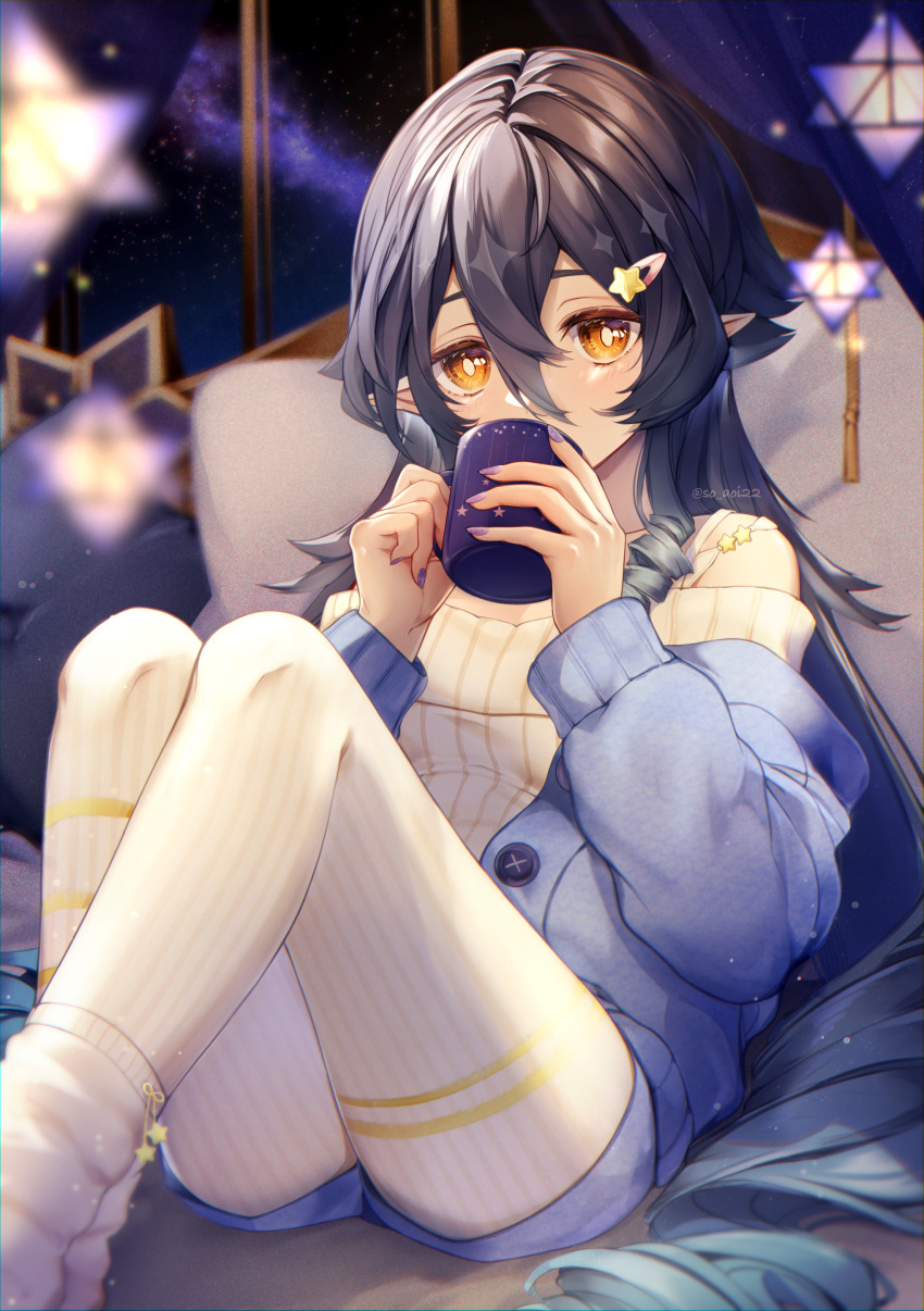 1girl absurdres alternate_costume asahi_(vjss4548) blue_cardigan blue_hair bright_pupils cardigan casual coffee_mug commentary_request covered_mouth cup drill_hair drill_sidelocks drink feet_out_of_frame genshin_impact hair_between_eyes hair_ornament hairclip hanging_light highres holding holding_cup holding_drink indoors knees_up layla_(genshin_impact) long_hair looking_at_viewer mug night night_sky off-shoulder_shirt off_shoulder open_cardigan open_clothes orange_eyes pants pointy_ears shirt sidelocks sitting sky solo star_(sky) star_(symbol) starry_sky twin_drills twitter_username very_long_hair white_pants white_pupils white_shirt window