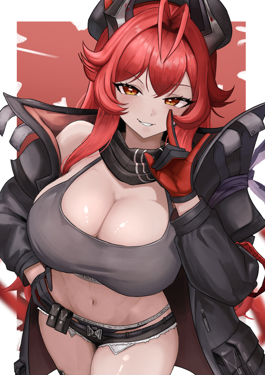 1girl \n/ absurdres ahoge antenna_hair black_coat black_shorts border breasts cleavage coat commentary_request cosplay eunhwa_(nikke) eunhwa_(nikke)_(cosplay) eunhwa_(tactical_upgrade)_(nikke) goddess_of_victory:_nikke grey_pantyhose grey_tank_top highres horns korean_commentary large_breasts long_hair mechanical_horns micro_shorts midriff navel orange_eyes pantyhose red_background red_hair red_hood_(nikke) shorts small_chair_(xiaosaiyi33818) solo tank_top thighs very_long_hair white_border