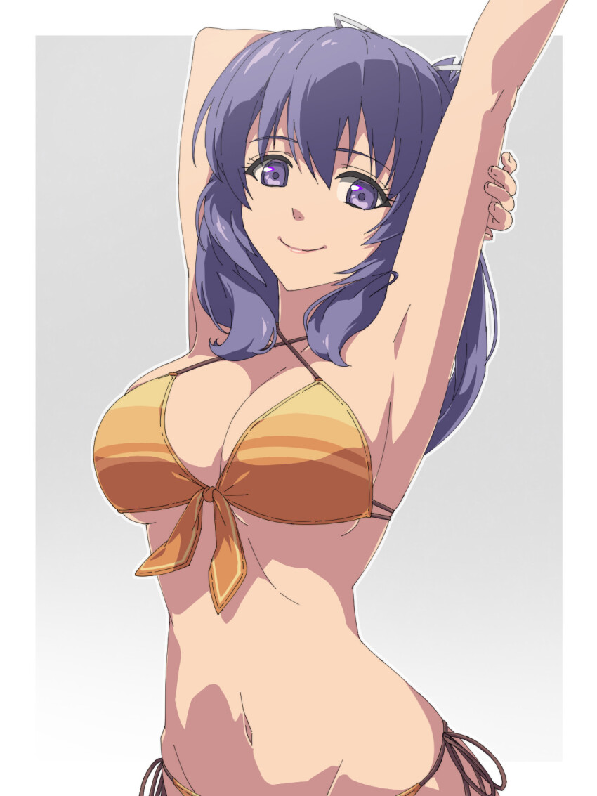 1girl armpit_crease armpits bikini border breasts chiharu_(9654784) cleavage dress eiyuu_densetsu front-tie_bikini_top front-tie_top gradient_background grey_background hair_between_eyes highres kai_no_kiseki kuro_no_kiseki_(series) large_breasts long_hair looking_at_viewer navel purple_eyes purple_hair rixia_mao sidelocks simple_background smile solo stretching swimsuit two-tone_background upper_body white_border