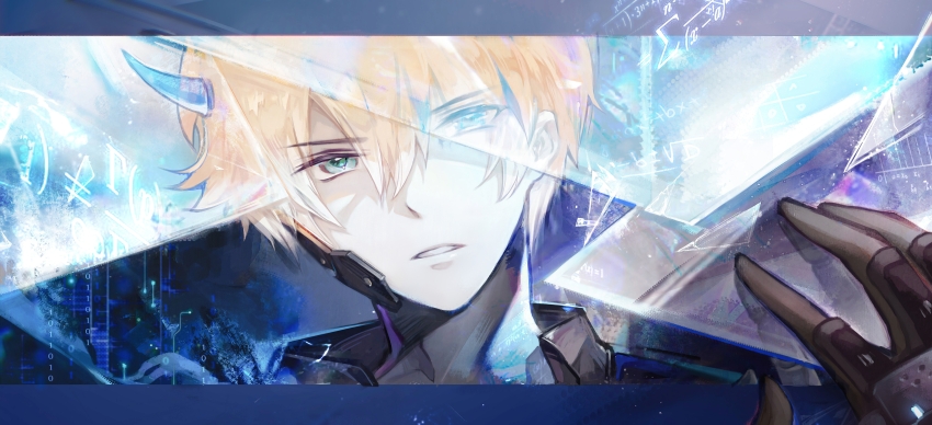 1boy absurdres armored_gloves binary black_collar black_gloves blonde_hair blue_eyes blue_horns chinese_commentary collar collared_jacket commentary cyberspace different_reflection equation fake_horns gloves green_eyes hair_between_eyes hand_on_mirror head_tilt highres horns jacket lee:_entropy_(pgr) lee:_hyperreal_(pgr) lee:_palefire_(pgr) lee_(pgr) letterboxed male_focus multicolored_hair multiple_persona oni_horns outside_border parted_lips portrait punishing:_gray_raven qiu_chengrun reflection reflection_focus short_hair solo streaked_hair