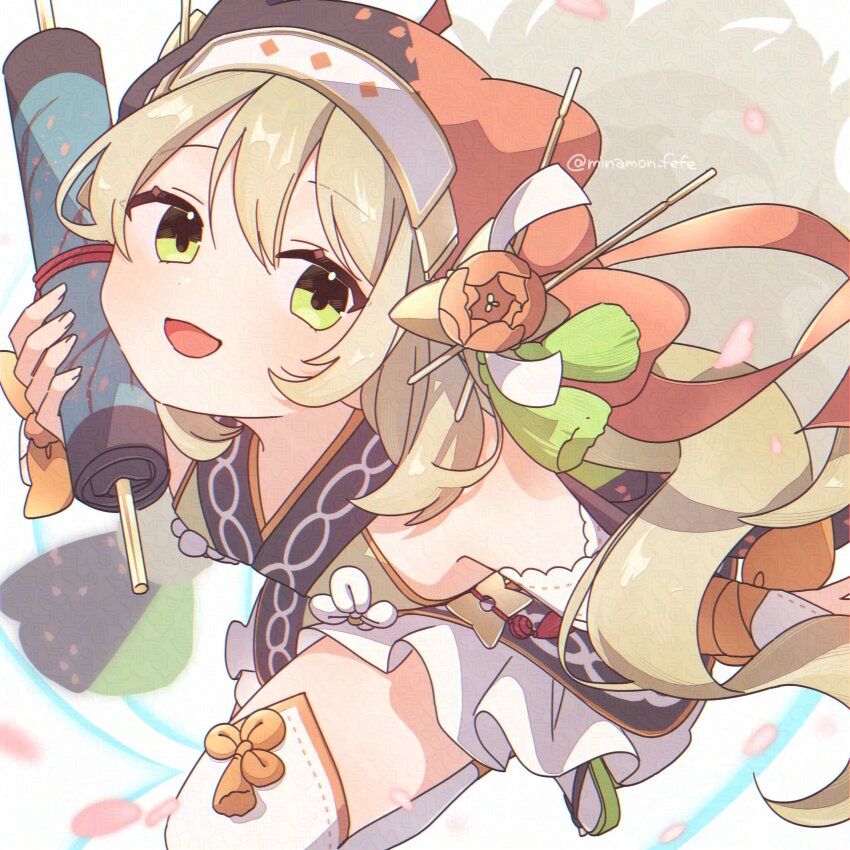 1girl absurdres blonde_hair celine_(fire_emblem) celine_(ninja)_(fire_emblem) detached_sleeves fire_emblem fire_emblem_engage fire_emblem_heroes green_eyes hair_between_eyes highres holding holding_scroll long_hair looking_at_viewer nintendo official_alternate_costume open_mouth scroll skirt solo sorane_amus thighhighs twitter_username white_skirt white_thighhighs