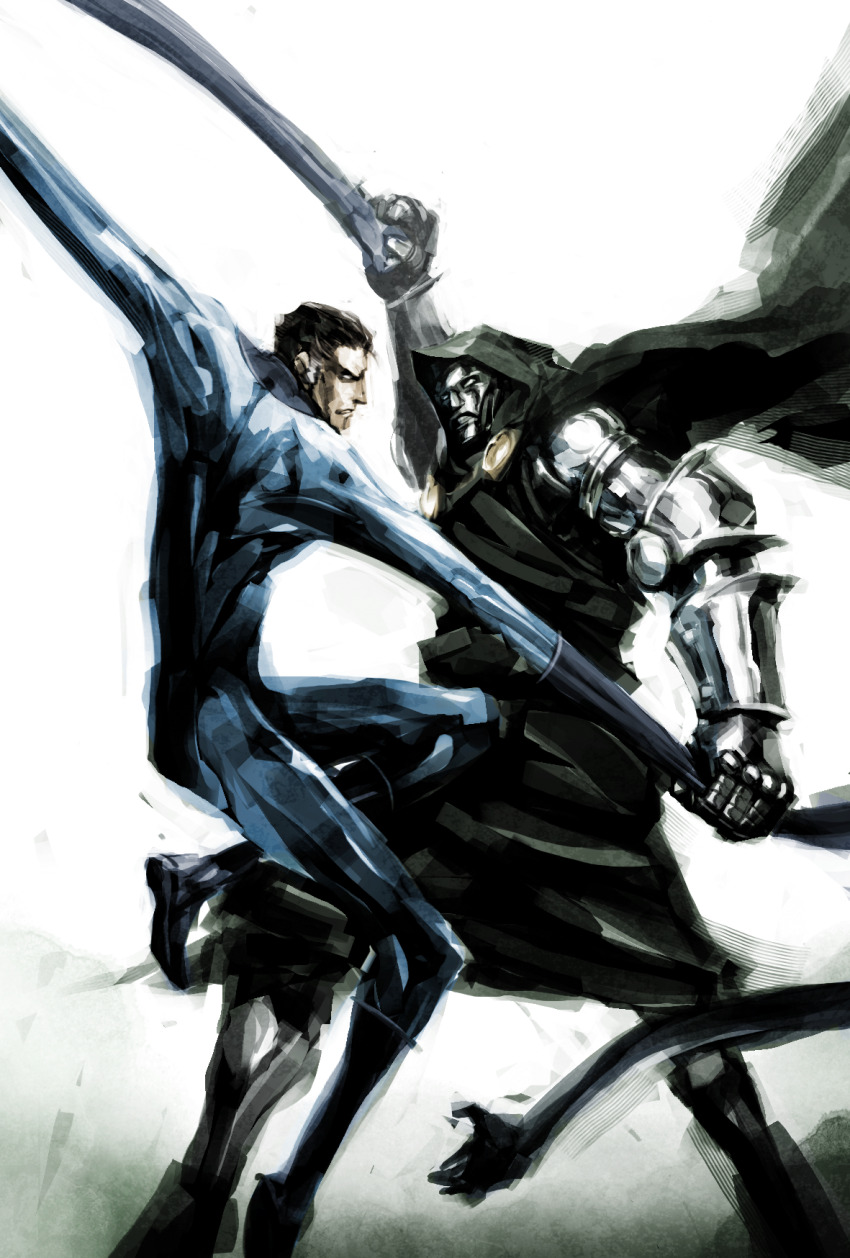 2boys armor belt blue_bodysuit bodysuit cape doctor_doom eye_contact fantastic_four fighting full_armor gloves green_cape highres hood jumping looking_at_another looking_to_the_side manly marvel multiple_boys naratani reed_richards serious short_hair simple_background white_background